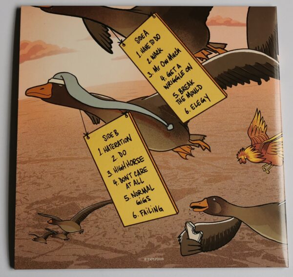 ExP album Fully Fledged Fraud cover. Dystopian world, geese flying wearing carboard signs showing track listing.
