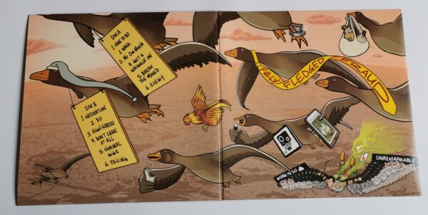 ExP album Fully Fledged Fraud cover. Dystopian world, geese flying wearing carboard signs showing track listing.