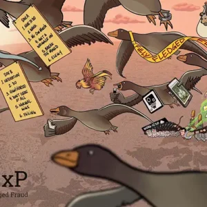 ExP album Fully Fledged Fraud cover. Dystopian world, geese flying wearing carboard signs showing track listing.