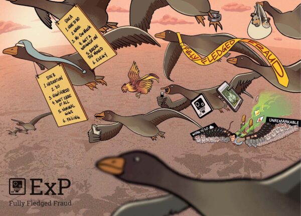 ExP album Fully Fledged Fraud cover. Dystopian world, geese flying wearing carboard signs showing track listing.