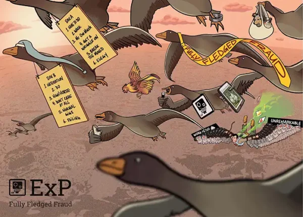 ExP album Fully Fledged Fraud cover. Dystopian world, geese flying wearing carboard signs showing track listing.