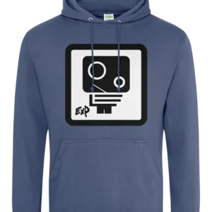 blue hoody showing ExP hip hop artist logo (security camera symbol)