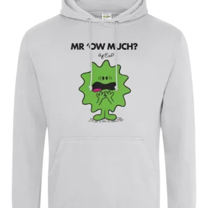 ash White hoody showing the Mr Ow much Mr Man logo by ExP hip hop artist