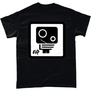 black t-shirt showing ExP hip hop artist logo (security camera symbol)