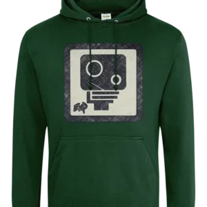 green hoody showing a ExP hip hop artist logo, security camera symbol