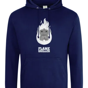 blue hoody showing the flame griller logo (gorilla with white fiery fur) by ExP hip hop artist