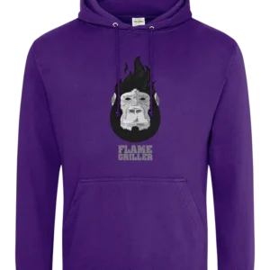 Purple hoody showing the flame griller logo (gorilla with black fiery fur) by ExP hip hop artist