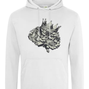 white hoody showing The Brain logo by ExP hip hop artist