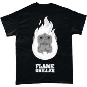 black t-shirt showing the flame griller logo by ExP hip hop artist (gorilla with fiery white fur)