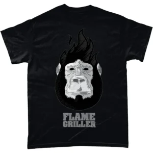black t-shirt showing the flame griller logo by ExP hip hop artist (gorilla with fiery black fur)