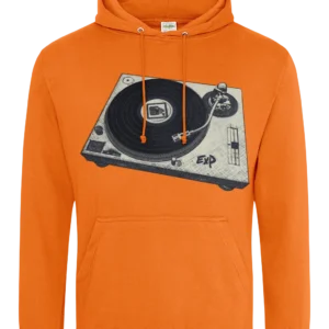 Orange hoody showing a turntable logo by ExP hip hop artist