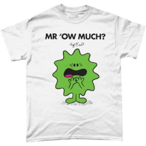 White t-shirt showing the Mr Ow much Mr Man logo by ExP hip hop artist