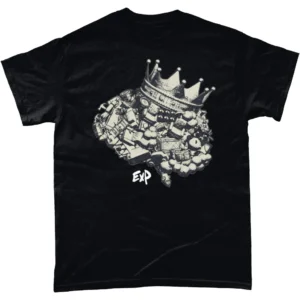 Black t-shirt showing a ExP hip hop artist brain logo